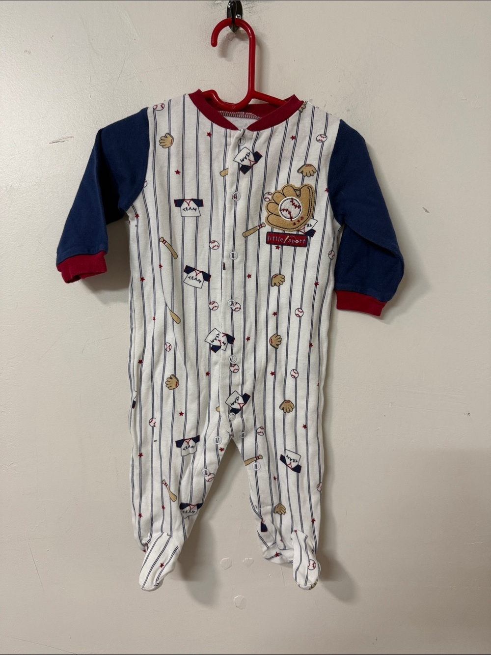 child of mine Navy, White & Red Baseball-Print Footed One-Piece